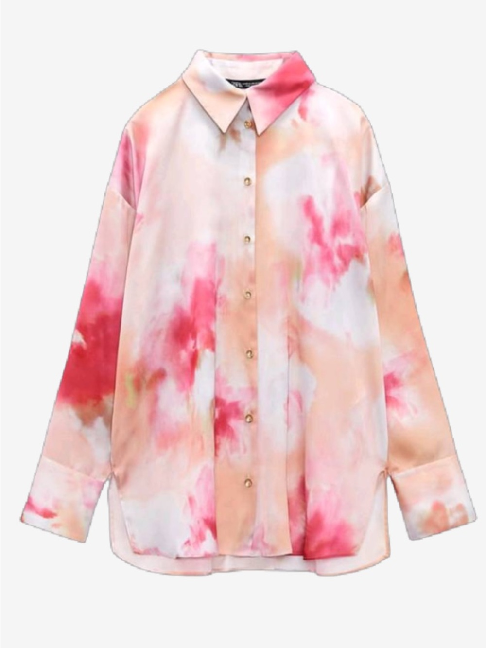 NWOT Zara Pink Peach Silky Watercolor Button-Up Blouse, Size Small